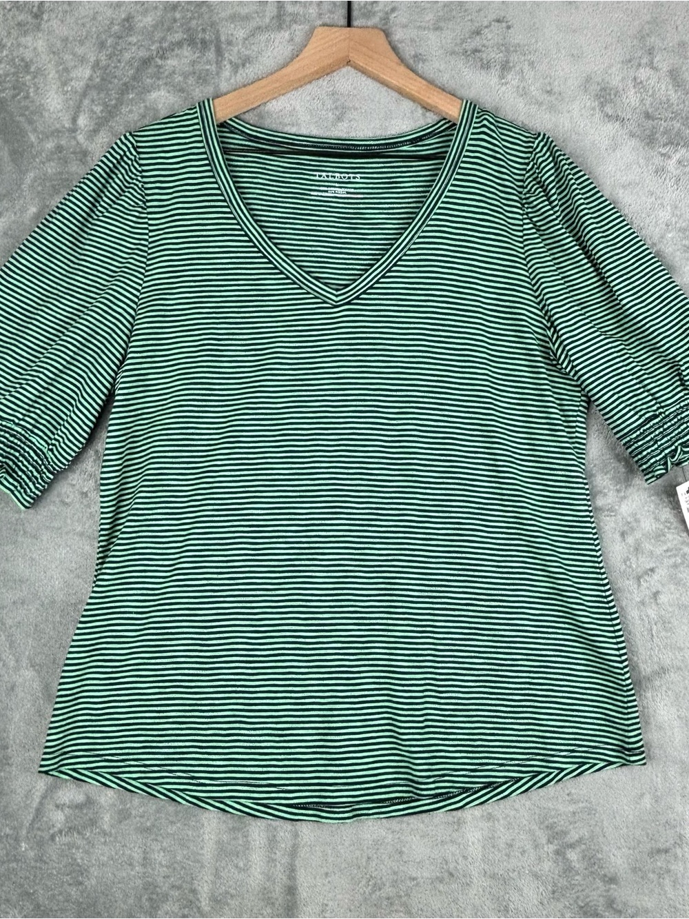 Talbots Shirt Womens Large Green Blue Micro-Striped V-Neck Short Puff Sleeve NWT